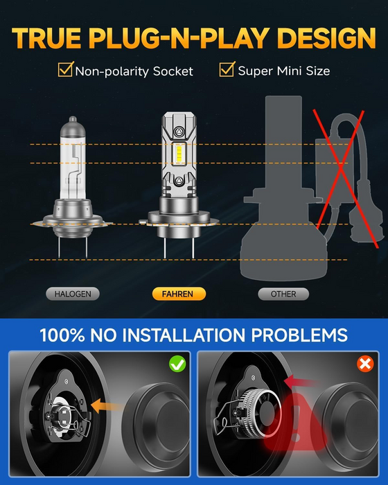 FAHREN H7 LED Headlight Bulbs 1:1 Size Plug & Play, Pack of 2