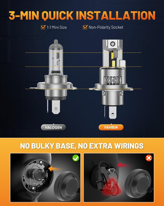 Fahren 9003/H4 LED Bulb, 50,000LM, 10X Brighter, Perfect Beam Pattern, HB2 Fog Light