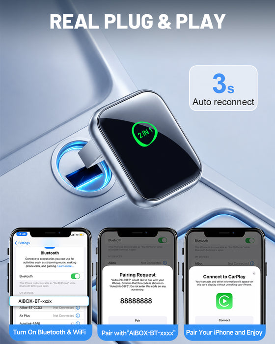 Fahren B3 T-Shaped Wireless CarPlay & Android Auto Adapter with One-Touch Disconnect