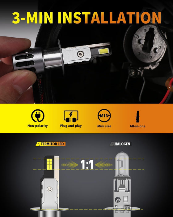 Termitor 2026 Upgraded H1 Bulbs, 1000% Brightness 6500K Cool White, 1:1 Mini Size, IP68 Waterproof Flicker-Free Automotive H1 H1LL Fog Light Bulbs, Plug and Play No Adapter Needed, Pack of 2