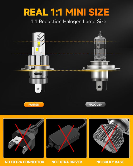 FAHREN H4/9003/HB2 LED Bulbs, 𝟓𝟎𝟎𝟎𝟎𝐋𝐌 𝟗𝟎𝟎％ [Modern & Brightest] Ultra-Bright Bulbs 𝟑𝟔𝟎° Adjustable Quick Install, 1:1 Mini Size No Adapter Required H4 Light Kit bulb, Pack of 2