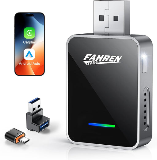 Fahren 2-in-1 Wireless CarPlay Adapter, Plug & Play, One-Click User Switching, Converts Wired to Wireless Car Play Adapter, Compatible iOS 12 & Android 11 with USB Type-A & Type-C