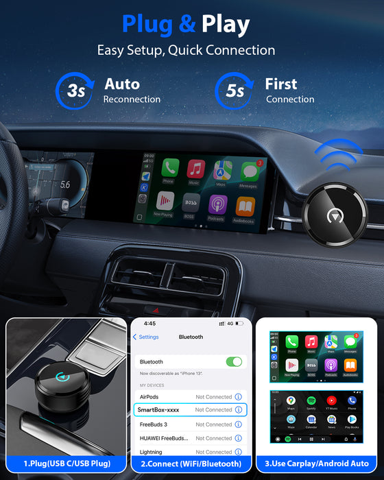 Fahren CB06 T-Style Round Wireless CarPlay & Android Auto Adapter (Matte Black)