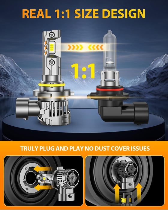 Fahren 𝐔𝐩𝐠𝐫𝐚𝐝𝐞𝐝 9005/HB3 Light Bulbs, 𝟔𝟎𝟎𝟎𝟎𝐋𝐌 𝟏𝟐𝟎𝟎% Ultra Brightness, 1:1 Mini Size, 6500K Cool White, 70000Hrs Long Service Life with Cooling Fan, Plug and Play, Pack of 2