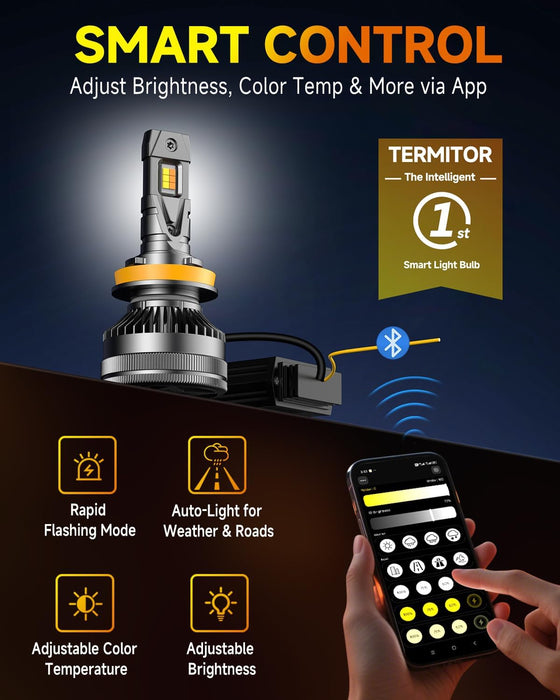 Latest H11/H9/H8 Smart Light Bulb, Up 15X 0-90,000LM Variable Brightness, 3000K to 6500K App Control Color, One-touch Driving Mode Switching, 360° Adjustable Quick Install, Pack of 2