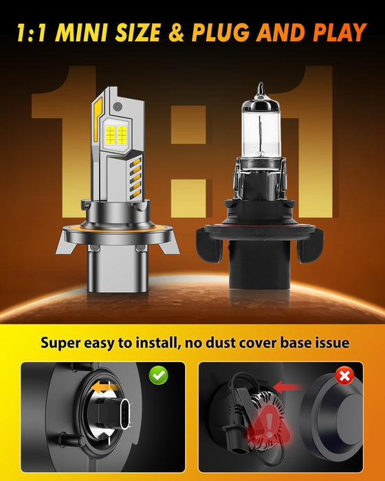 Termitor H13/9008 LED Bulbs, 10X 6500K Cool White Super Brighter, Real 1:1 Halogen Size Plug and Play, IP68 Waterproof, Long Lifespan with Cooling Fan, Plug N Play, CANBUS Ready, Pack of 2