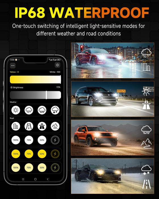 Smart H7 Light Bulb, 0-75000LM 1500% Super Brighter, App-Controlled Dimming & Color Temperature, 3000K Yellow to 6500K Cool White for Bluetooth H7 Fog Light, Plug and Play, Pack of 2