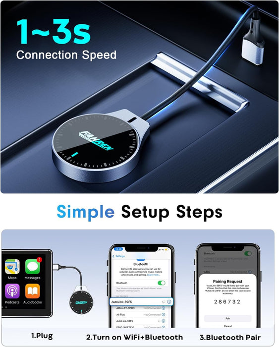 Wireless CarPlay Adapter for Apple iPhone (2025 Upgraded), 5X Fastest & 2X More Stable Connection, Mini Bluetooth CarPlay Dongle for iOS 10+ & Cars from 2016+