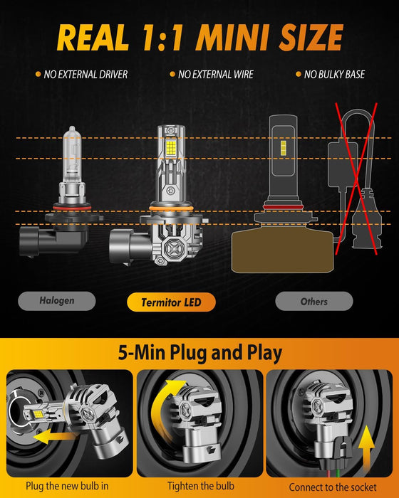 9006 LED Bulbs, 50000LM Super Bright, Real 1:1 Design, 6500K Cool White, Daytime Running Light Modules, 5 Min Quick Plug and Play, IP68, HB4 Light Bulb for Stock Halogen Replacement, Pack of 2