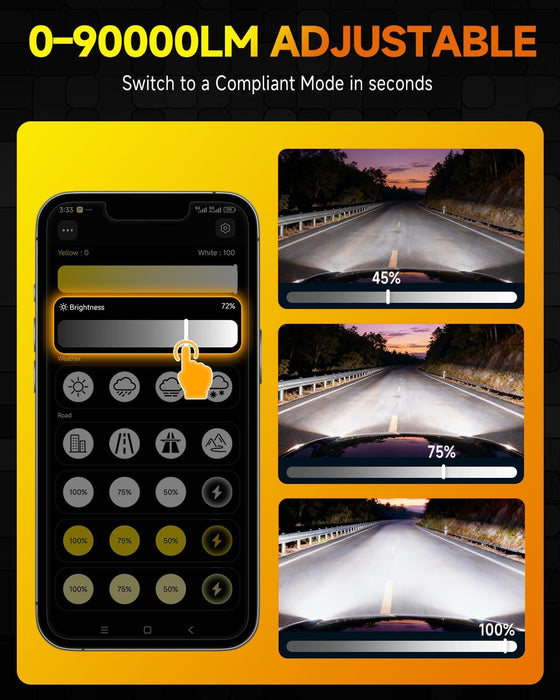 Latest H11/H9/H8 Smart Light Bulb, Up 15X 0-90,000LM Variable Brightness, 3000K to 6500K App Control Color, One-touch Driving Mode Switching, 360° Adjustable Quick Install, Pack of 2