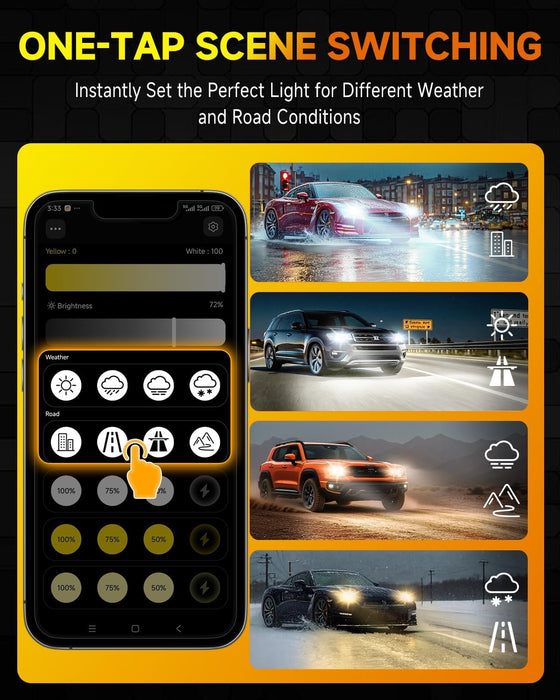 Latest H11/H9/H8 Smart Light Bulb, Up 15X 0-90,000LM Variable Brightness, 3000K to 6500K App Control Color, One-touch Driving Mode Switching, 360° Adjustable Quick Install, Pack of 2