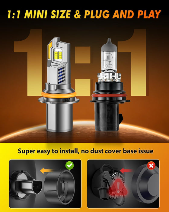Termitor 2026 Upgraded 9007/HB5 Light Bulbs, 50,000LM 12X Ultra Bright, 6500K Cool White, 1:1 Mini Size with Cooling Fan, 90000+ Hours Lifespan 9007 Off-Road Fog Light, Plug and Play, Pack of 2