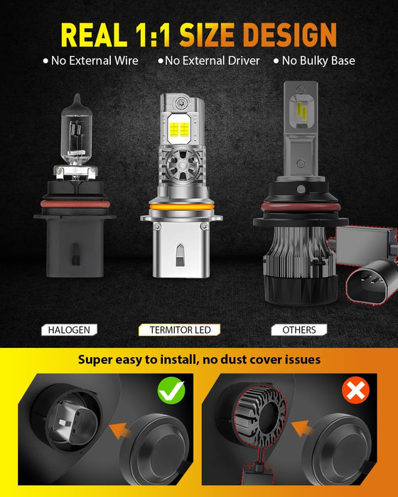 Latest 9007/HB5 Light Bulbs, 60,000LM 1000% Ultra Brightness, Real 1:1 Halogen Size, 70,000+ Hours Long Service Life, 6500K White Exterior Replacement Light Bulbs, Plug and Play, Pack of 2