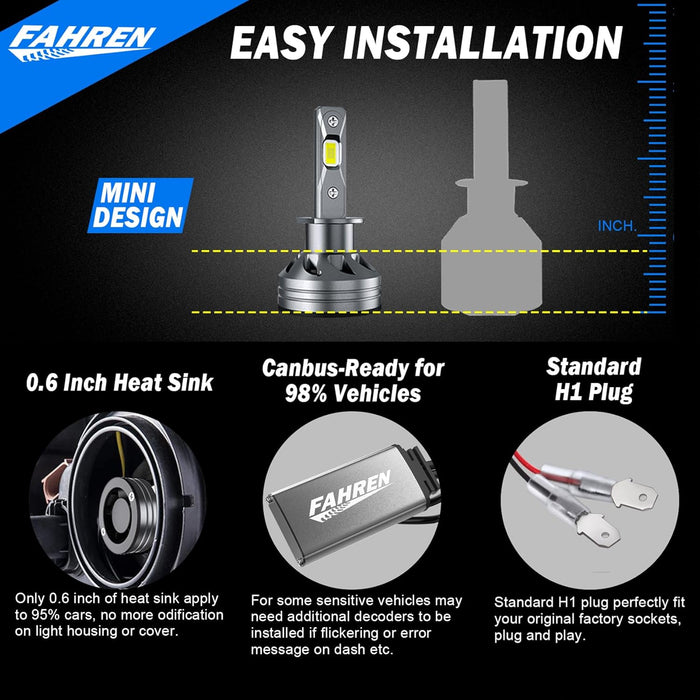 FAHREN H1 LED Bulbs, 24,000LM, 6500K Cool White, Headlight Conversion Kit