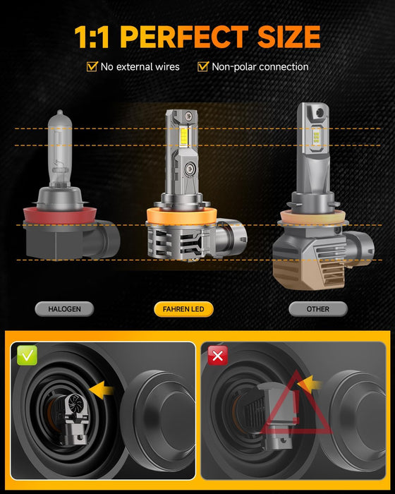 FAHREN H11 9005 Light bulbs combo, [Upgraded&Brightest] 60000LM 900% Super Bright H9 H8 HB3 off-Road Use or Fog light Bulbs, 6500k White Non-Polarity Plug and Play, Pack of 4