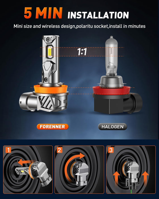 forenner H11 Light Bulbs, Ultra Brightness H11 H8 H9 H16 Bulbs with No Adapter Required, 1:1 Min Quick Setup, IP68 Waterproof, Pack of 2