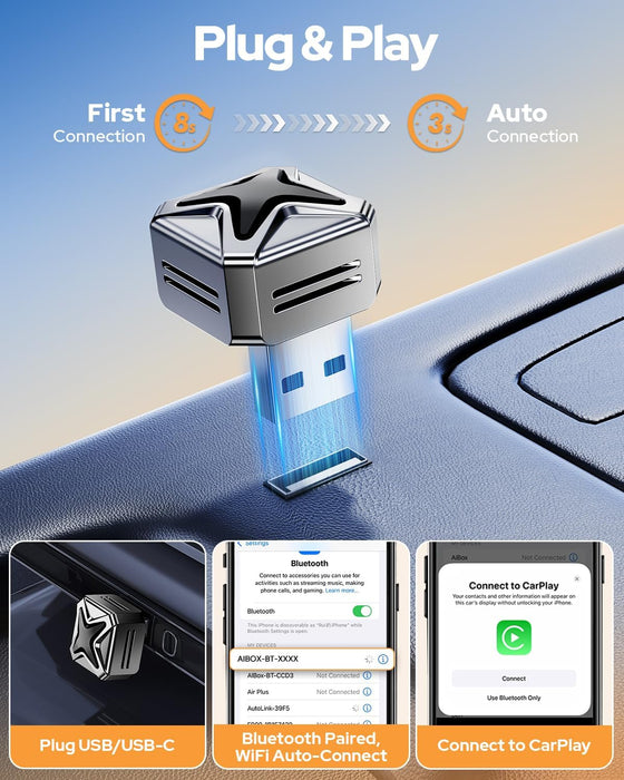 2-in-1 Wireless CarPlay Adapter One-Touch Disconnect for iPhone & Android