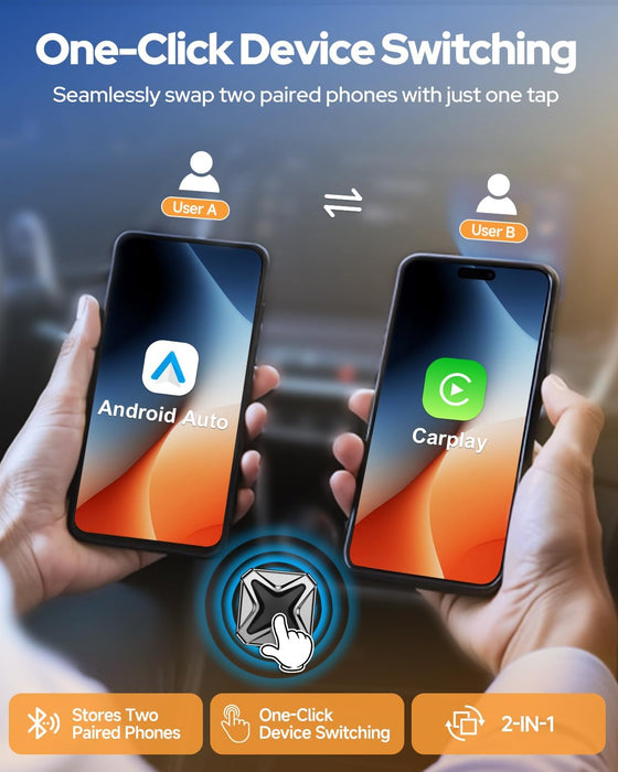 2-in-1 Wireless CarPlay Adapter One-Touch Disconnect for iPhone & Android