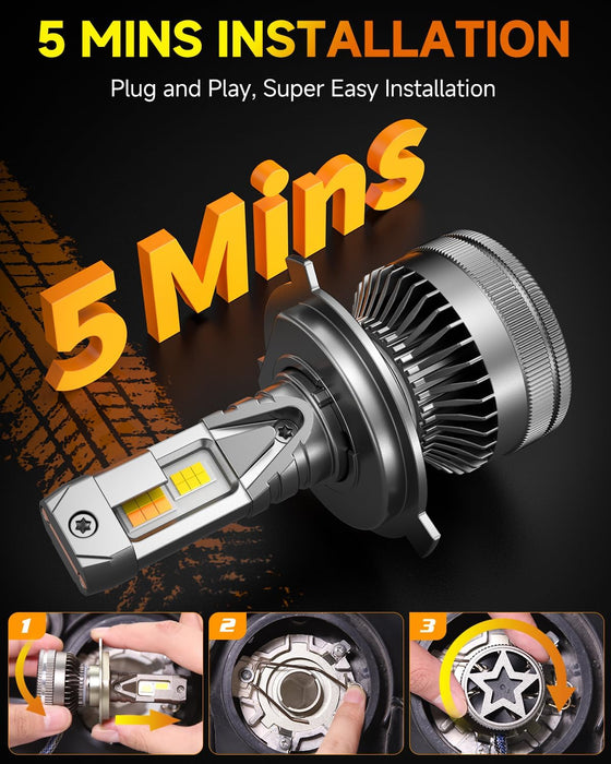 Smart H4 Light Bulb, 0-75000LM 1500% Super Brighter, App-Controlled Dimming & Color Temperature, 3000K Yellow to 6500K Cool White for Bluetooth 9003/HB2 Fog Light, Plug and Play, Pack of 2