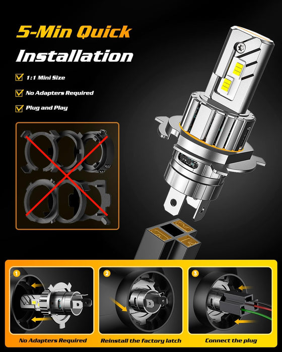 FAHREN H4/9003/HB2 LED Bulbs, 𝟓𝟎𝟎𝟎𝟎𝐋𝐌 𝟗𝟎𝟎％ [Modern & Brightest] Ultra-Bright Bulbs 𝟑𝟔𝟎° Adjustable Quick Install, 1:1 Mini Size No Adapter Required H4 Light Kit bulb, Pack of 2