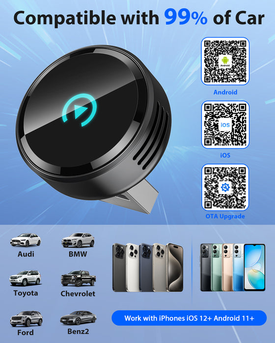 Fahren CB06 T-Style Round Wireless CarPlay & Android Auto Adapter (Matte Black)