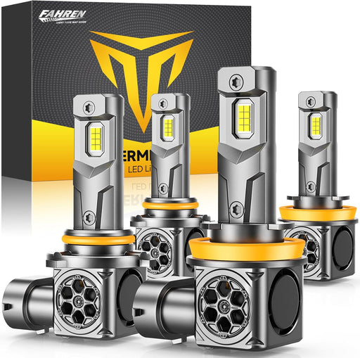 FAHREN 𝟓𝐭𝐡-𝐠𝐞𝐧 H11 9005 LED Bulbs Combo,𝟖𝟎,𝟎𝟎𝟎𝐋𝐌 𝟏𝟐𝐗 Ultra Bright,𝟏:𝟏 Mini Size, 6500K White H9 H8 HB3 Fog Bulbs, 70,000Hrs Longer Lifespan with Cooling Fan, Plug and Play, Pack of 4