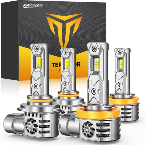 FAHREN 2025 Upgraded H11/H9/H8 9005/HB3 𝐋𝐄𝐃 Bulbs Combo, 𝟏𝟎𝐗 𝟏𝟎𝟎,𝟎𝟎𝟎𝐋𝐌 Ultra Brighter H11 9005 Fog Lights or Off-Road Use, 1:1 Size 6500K White Plug N Play, Pack of 4