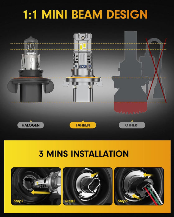 FAHREN LED fog bulbs pack of 2 44000LM IP68 waterproof 1 to 1 size