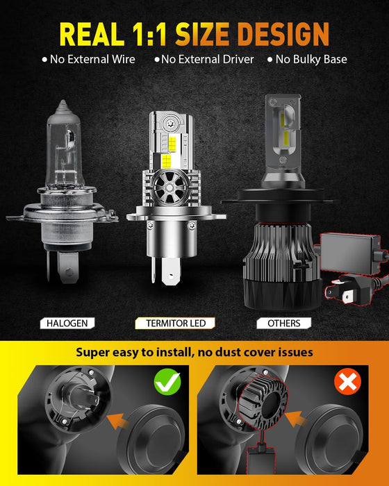 Latest H4/9003/HB2 Light Bulbs, 65000LM 1000% Super Brightness, 70000+ Hours Service Life, 6500K Cool White, 1:1 Halogen Size Replacement Light Bulbs, Plug-N-Play, Pack of 2