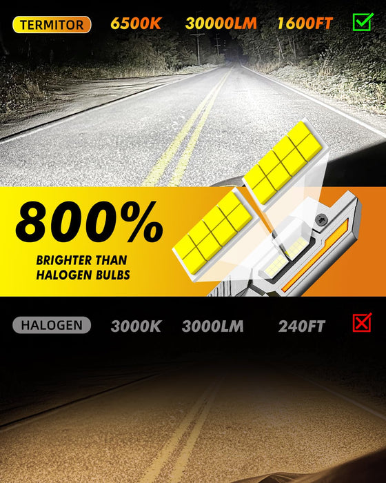 Compare Termitor LED vs halogen headlights brighter white light for improved night visibility