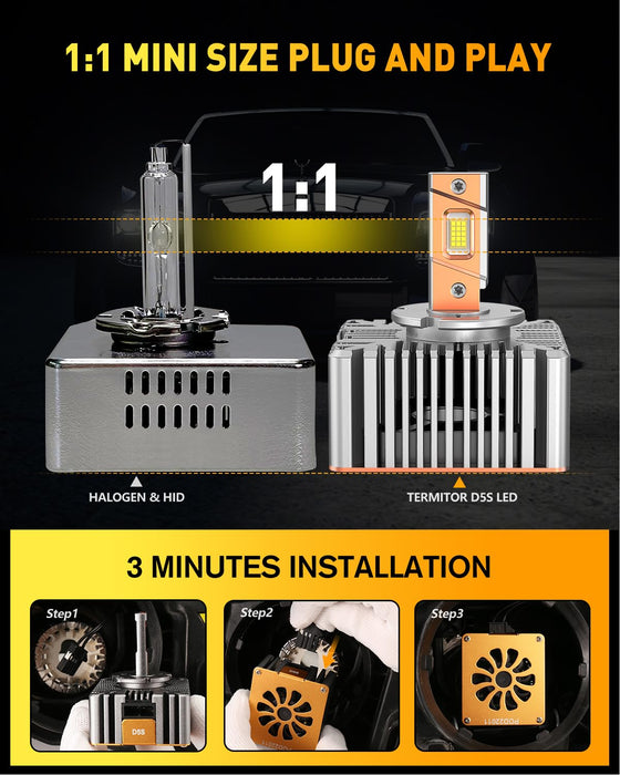 D5s headlight bulb, 45000LM 10X Brightness, 6500K Cool White, 1:1 D5S HID Bulb size