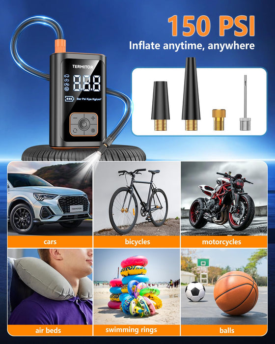 Portable Tire Inflator, 150PSI Cordless Air Compressor for Car, Motorcycle, Bicycle