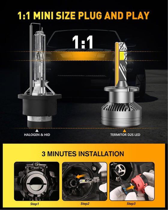 D2S/D2R LED Bulbs, 36,000LM, 900% Brighter, 6500K Cool White, 1:1 HID Size